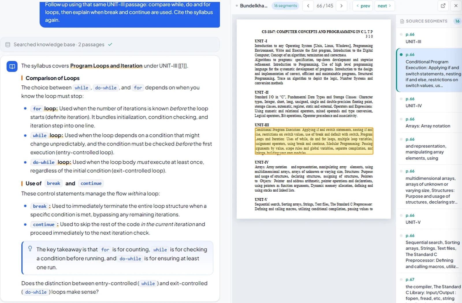 Drona answering a course question beside the exact highlighted passage in the source PDF